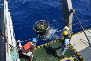 the CTD is retrieved from the stern of the research vessel Atlantic Explorer